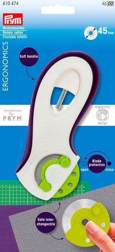 Раскройный нож "Ergonomics", диаметр 45мм, сталь/пластик, фиолетовый/белый, Prym, 610474
